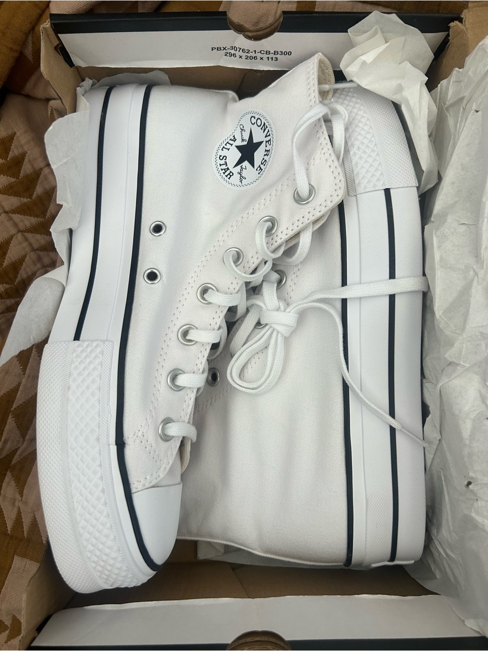 Converse White High Top Platform Sneakers with Black Stripes